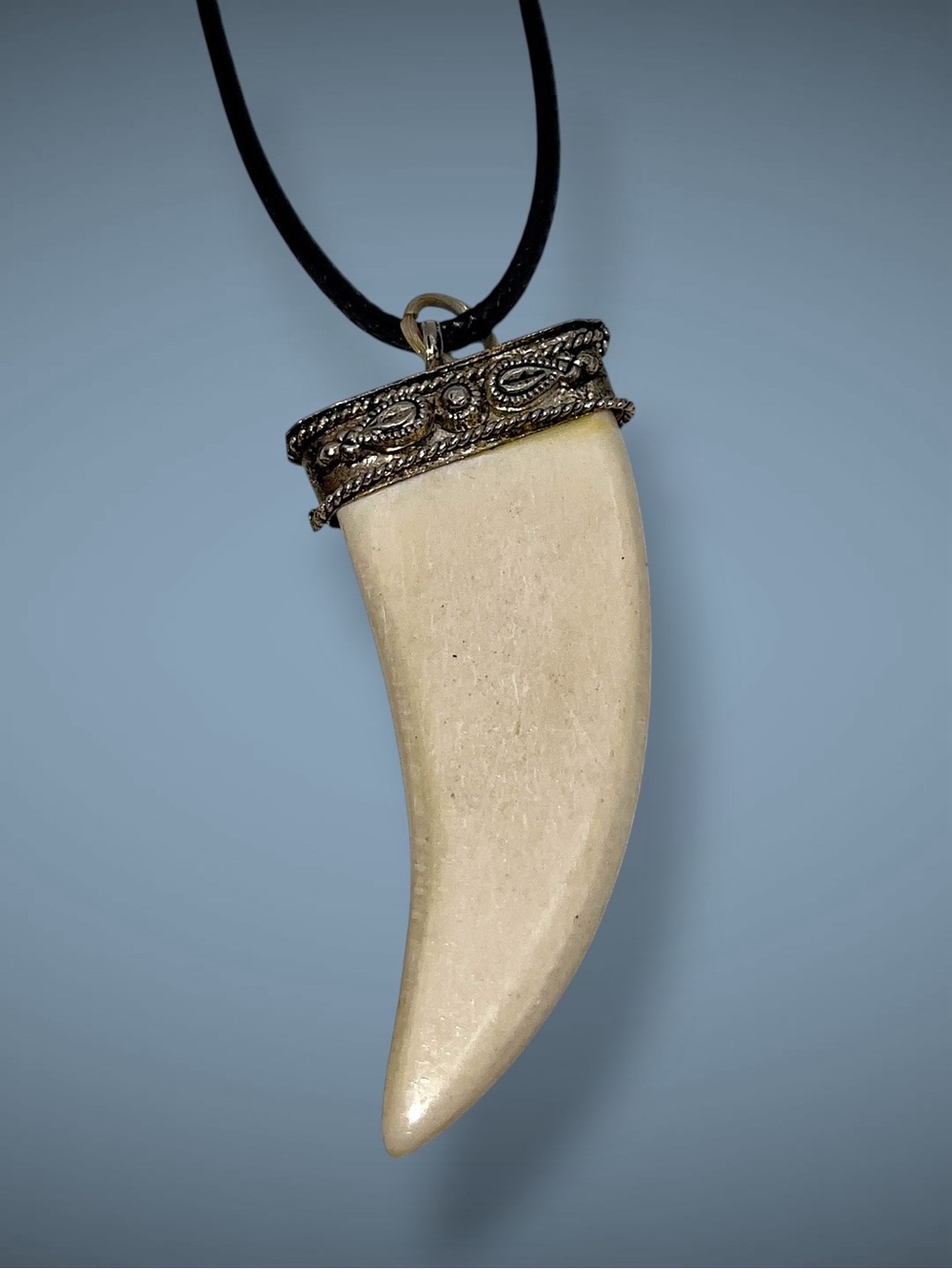 Unisex Vintage Tibetan Tribal Bone Tooth Shaped Pendant Necklace on Black Cord